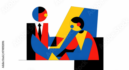 Abstract geometric illustration of a business meeting, symbolizing successful collaboration and partnership. Two stylized figures represent effective communication and agreement, embodying