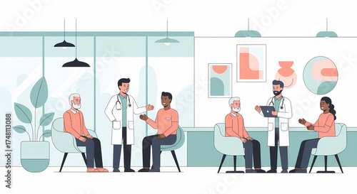Healthcare professionals engage with various age groups in a clean, brightly lit medical office reception area, illustrating comprehensive patient care and health discussions