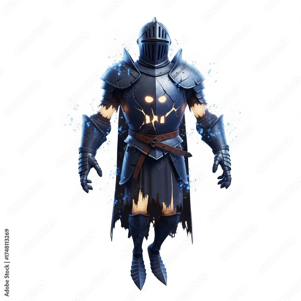 Fototapeta premium Glowing Black Knight Armor with Blue Sparks on a White Background Full Body