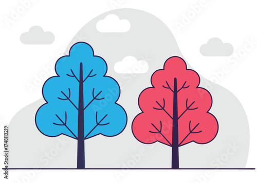 Two stylized trees blue and pink with clouds and abstract background blue tree pink tree