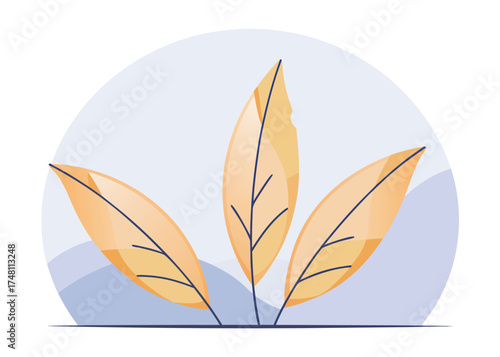Three orange leaves with dark veins floating against a pale blue background yellow