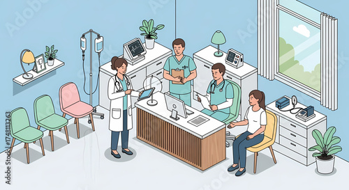 Modern healthcare clinic with medical professionals providing comprehensive patient consultation and care, featuring doctors, nurses, and advanced equipment in a welcoming environment