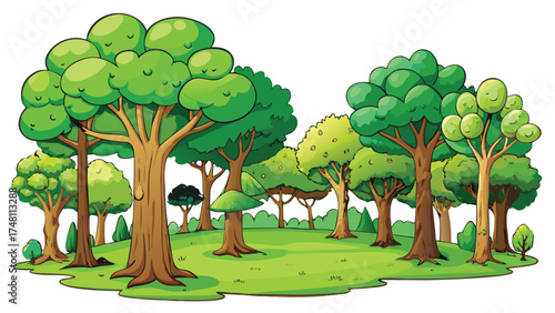 Lush green trees with brown trunks on grassy hills forest nature