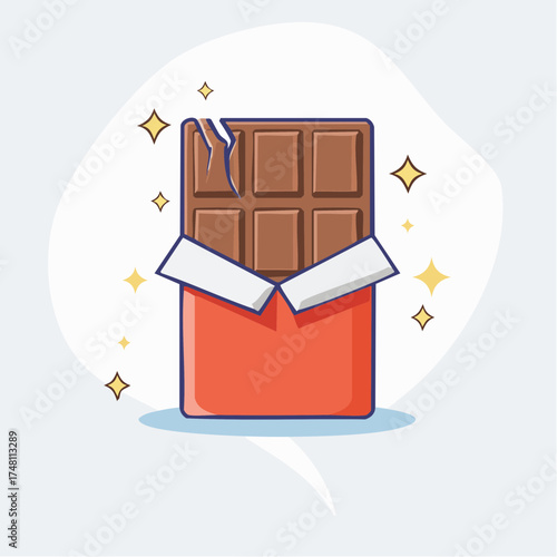 Illustration of a chocolate bar, unwrapped and depicted with sparkle effects, delicious concept