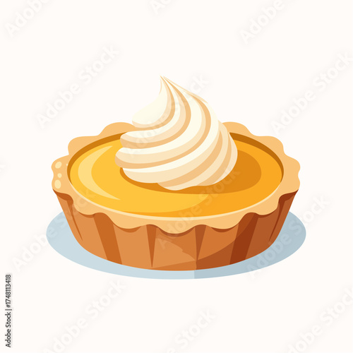 Illustration of a Delicious Tart Topped with Swirled Cream, Isolated on White Background