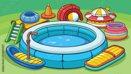 Colorful inflatable pools and water toys on green grass slide beach ball