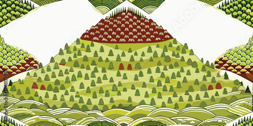 Stylized green hills with patterned trees and red conical shapes nature landscape