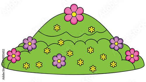 Green grassy mound with pink purple yellow flowers green mound pink flowers