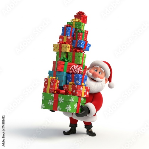 Cheerful Santa Claus Holding Stack of Wrapped Colorful Gifts on White Background