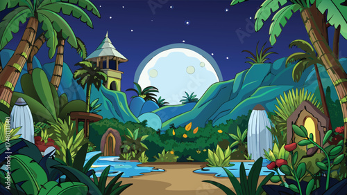 Lush jungle landscape under moonlight with exotic flora and ancient structure night tropical