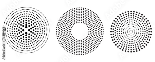 PrintHalftone gradient circles collection. Dots textured round patterns. Cartoon comic radial faded background set. Abstract pixelated elements for frame, poster, collage, banner, flyer. Vector bundle