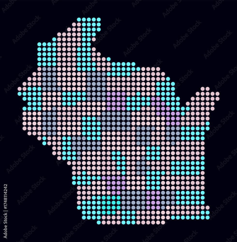 Fototapeta premium Wisconsin dotted map. Digital style map of the state on dark background. Wisconsin shape with circle dots. Colored dots style. Large size circles. Trending vector illustration.