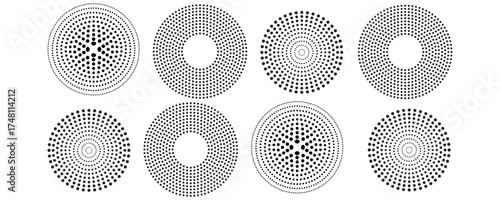 Halftone gradient circles collection. Dots textured round patterns. Cartoon comic radial faded background set. Abstract pixelated elements for frame, poster, collage, banner, flyer. Eps10