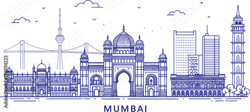 Mumbai Skyline Hand Drawn Sketch Vector Illustration with Gateway of India, Taj Mahal Palace, Bandra–Worli Sea Link, and Cityscape Landmarks for Poster, Print, Wall Art, and Travel Design Use