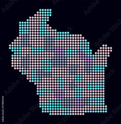 Wisconsin dotted map. Digital style map of the state on dark background. Wisconsin shape with circle dots. Colored dots style. Large size circles. Trending vector illustration.