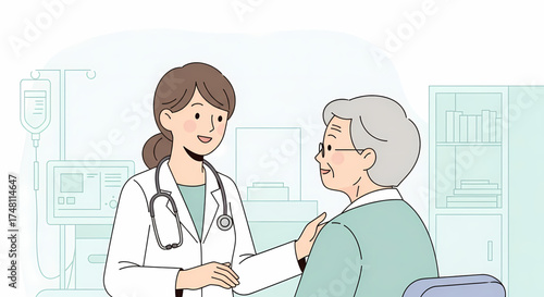 Caring female doctor provides compassionate medical consultation and support to an elderly patient in a modern clinic setting, emphasizing senior healthcare and professional medical assistance