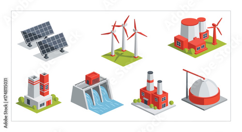 Renewable energy sources and industrial power generation facilities, including solar panels, wind turbines, and hydroelectric dams