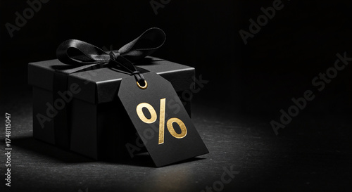 A Store sale banner concept for Black Friday, featuring a luxury black gift box and a gold percentage tag for exclusive offers.