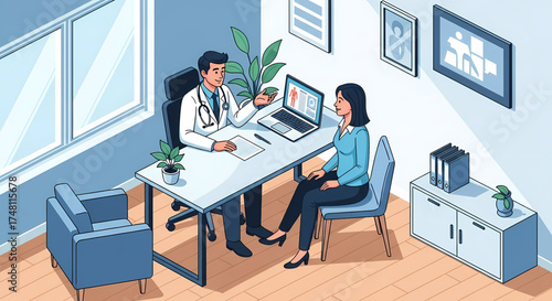 Professional male doctor provides a detailed medical consultation to a female patient in a modern, well-lit clinic office, discussing health concerns and reviewing important digital medical results