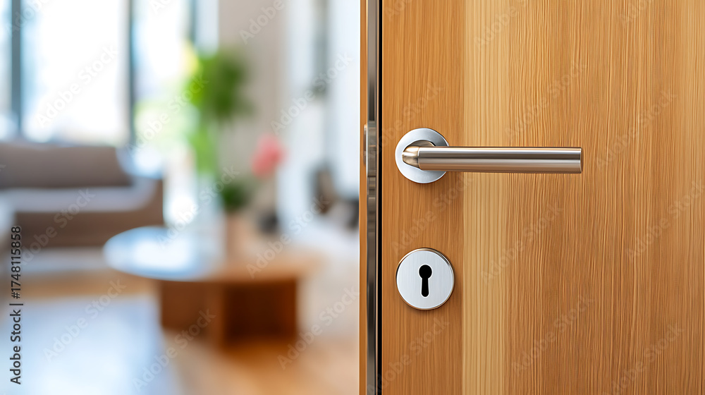 Obraz premium Close-up shot of a wooden door with a sleek, silver handle and a keyhole, slightly ajar revealing the bright, blurred living room behind it.