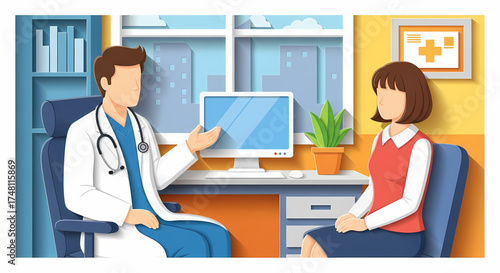 Professional male doctor provides a medical consultation to a female patient in a modern healthcare clinic office, illustrating patient care and communication during a routine check-up appointment