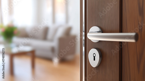 Door ajar into a blurred living room. Warmth and invitation, with focus on the door handle. An opening to a relaxed, comfortable space.