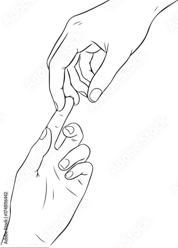 Two hands reaching out to touch fingers line art connection