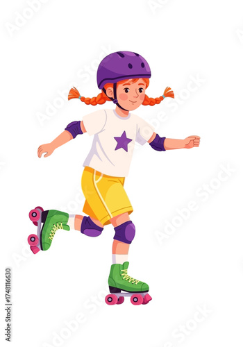 Young girl skating on roller skates with helmet and colorful outfit  