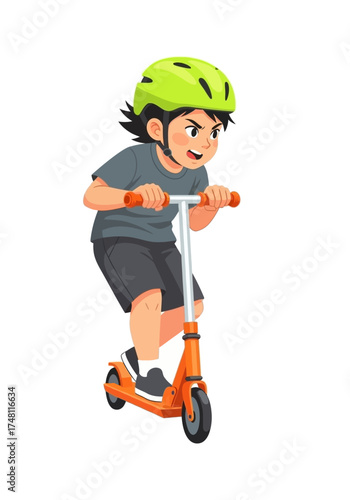 Young boy riding orange scooter with helmet and excited expression  