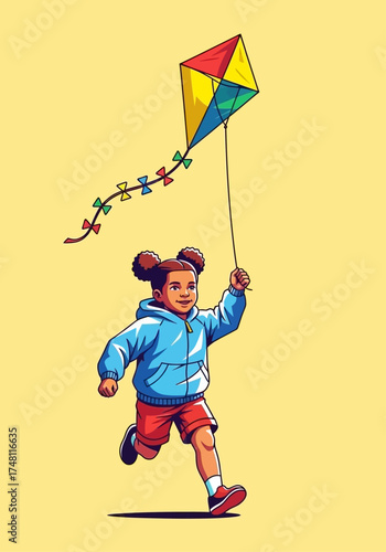 Young girl running while flying a colorful kite on yellow background  
