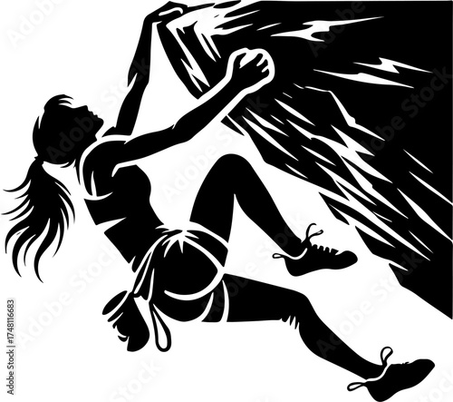 A Female Mountain Climber Tackling Tricky Overhang, Black And White Silhouette