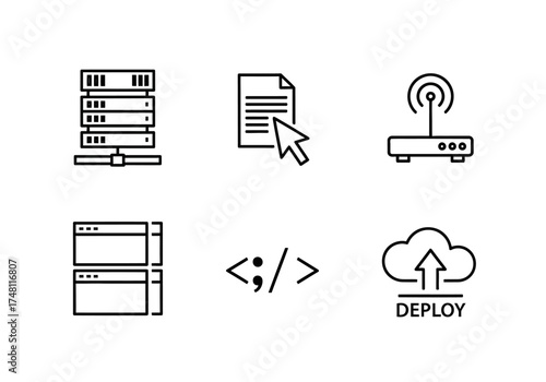 Digital icons representing server, document, and cloud deployment  