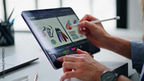 Creative Designer Working on Tablet, Drawing and Designing Graphics