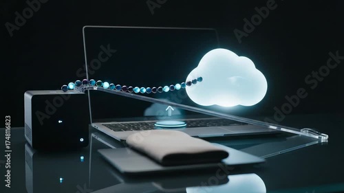 Digital Transformation - Cloud Migration: Edge server and cloud orb share a ramp of data beads that climb, then fade to a steady standby above a bezel-less laptop.
