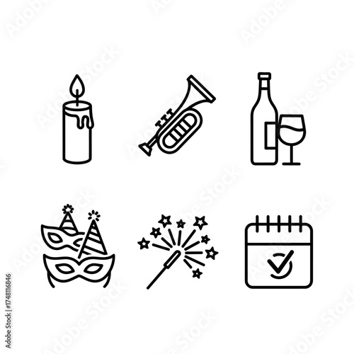 Celebration icons including candle, trumpet, bottle, and mask  