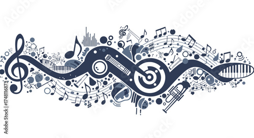 Abstract Musical Notes and Instruments Flowing in a Rhythmic Composition