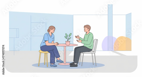 Illustration of two people actively conversing, sharing thoughts and ideas, depicting a casual business meeting or a friendly discussion in a minimalist interior setting