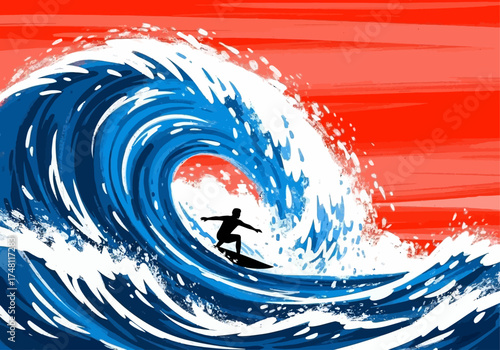 Surfer riding a giant wave in vibrant abstract artwork  