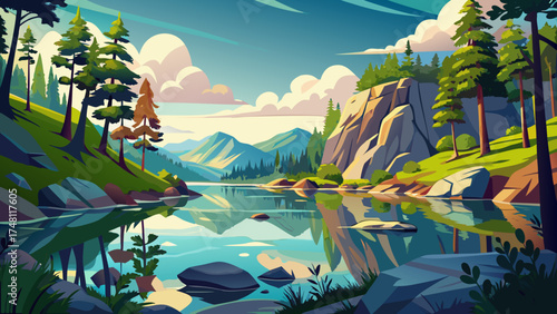 Very beautiful Rock Eagle Lake in Putnam County, Georgia, USA, vector-style illustration showcasing calm reflective waters, lush trees, and peaceful natural scenery under a bright sky.