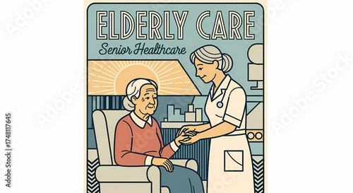 Illustration of a compassionate caregiver providing support and healthcare assistance to an elderly woman, symbolizing dedicated senior welfare and well-being services