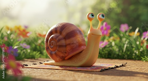 Animated snail character with expressive eyes and shiny shell in sunny garden environment