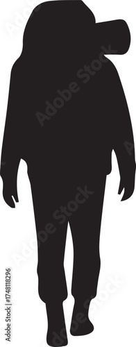 Minimalist silhouette of a person with a large backpack, symbolizing travel, adventure, or a journey. This graphic illustration is perfect for projects involving outdoor activities and exploration