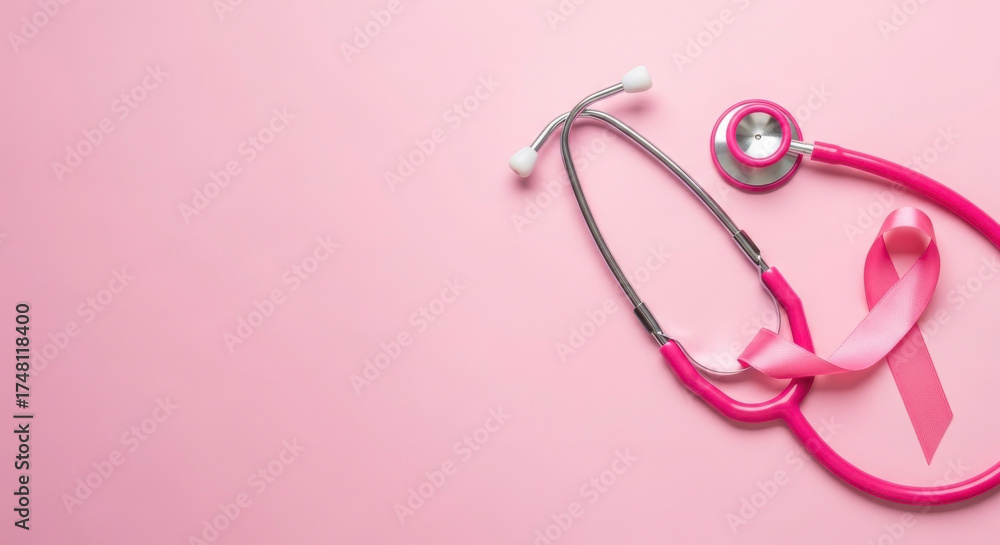 Fototapeta premium Pink Ribbon and Stethoscope for Breast Cancer Awareness and Health Care