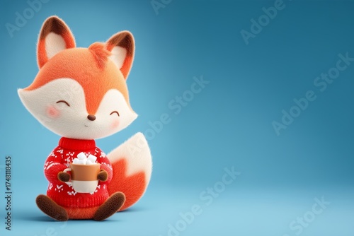Cute fox in red winter sweater holding cup of hot chocolate with marshmallows on blue background - comfort, and cozy winter season