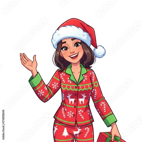 Smiling Brunette Woman in Festive Red Pajamas and Santa Hat Waving on White Background