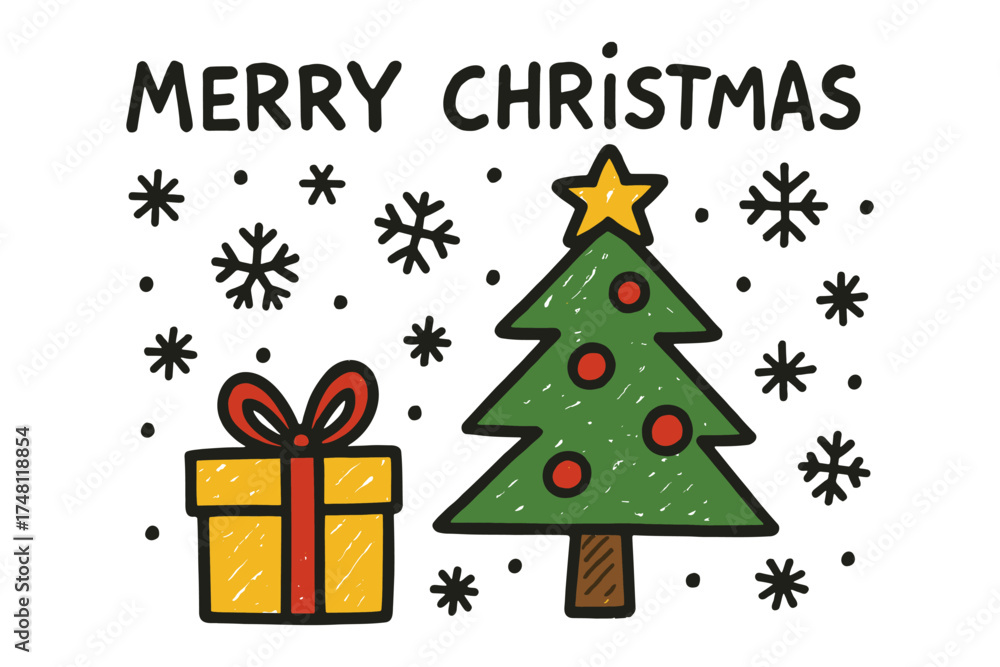 Fototapeta premium Festive christmas doodle with tree and gift