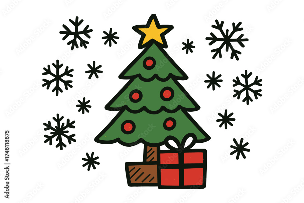Obraz premium Festive christmas tree with snowflakes and wrapped gift on white background