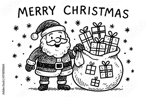 Jolly santa with gift sack in hand-drawn christmas design