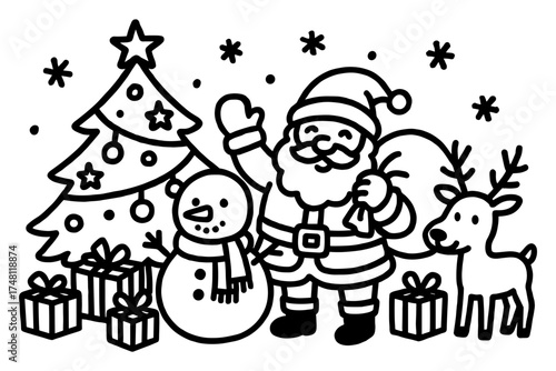 Wallpaper Mural Festive christmas scene with santa claus, snowman, tree, and reindeer in black and white Torontodigital.ca