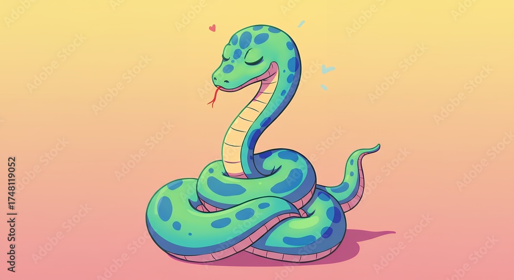 Fototapeta premium Cartoon snake illustration green and blue isolated on gradient background peaceful reptile